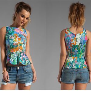 NEW Amanda Uprichard S Peplum Blue Retro Tank Top Cotton Poplin Stretchy Fitted